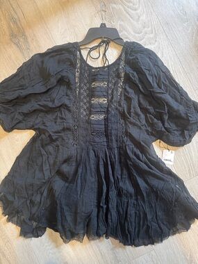 Free People One Black Lace-Detail Women's Peasant Top, semi sheer